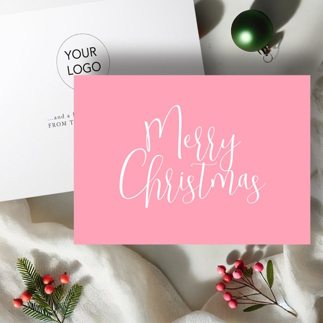 Trendy Pink Merry Christmas Holiday Card (Pink business Christmas cards with logo by Victoria Grigaliunas of Do Tell A Belle)