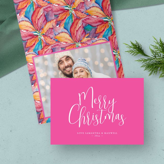Trendy Pink Merry Christmas Holiday Card (Christmas card pink folded watercolor art and design by Victoria Grigaliunas of Do Tell A Belle)