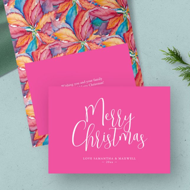 Trendy Pink Merry Christmas Holiday Card (Christmas cards unique pink and watercolor poinsettia by Victoria Grigaliunas of Do Tell A Belle)