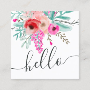 Trendy pink mint floral watercolor hello script square business card