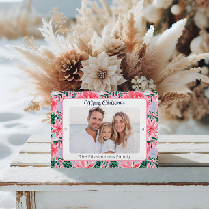 Trendy Pink Modern Merry Christmas Photo Holiday Card