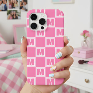 Trendy Pink Monogram Checkered Initial iPhone 15 Pro Max Case