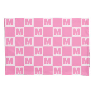Trendy Pink Monogram Checkered Initial  Pillowcase