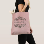 Trendy Pink Monogram Name Script Tote Bag<br><div class="desc">A classy metallic rose gold pink monogram with grey script decorates this tote bag. Designed for you by Blackberry Boulevard.</div>