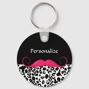 Trendy Pink Moustache Girly Leopard Print With Nam Key Ring