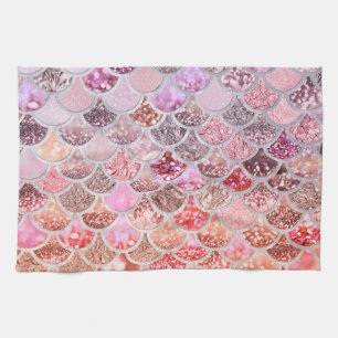 Trendy Pink Ombre Glitter Mermaid Fish Scales Tea Towel