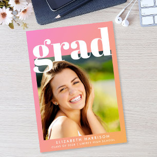 Trendy Pink Orange Photo Graduation Announcement