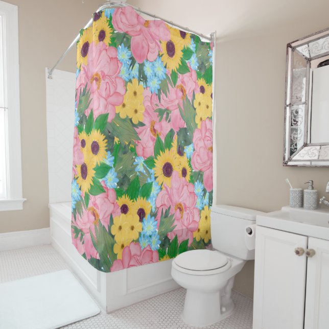 Trendy Pink Peonies Yellow Sunflowers Watercolor Shower Curtain (In Situ)
