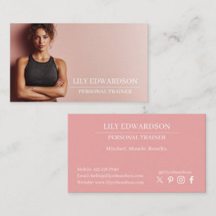 Trendy Pink Personal Trainer Fitness Coach Photo Business Card