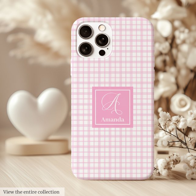 Trendy Pink Plaid iPhone Case Clear Monogram Gift (Trendy Pink Plaid iPhone Case Clear Monogram Gift)