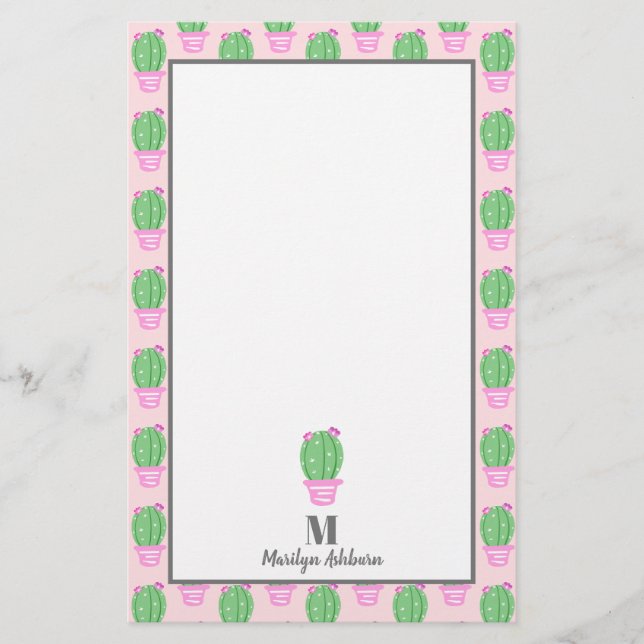 Trendy Pink Potted Cactus | Personalised Stationery (Front)