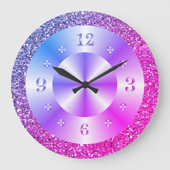 Trendy Pink Purple Glitter Sparkle Large Clock (Front)