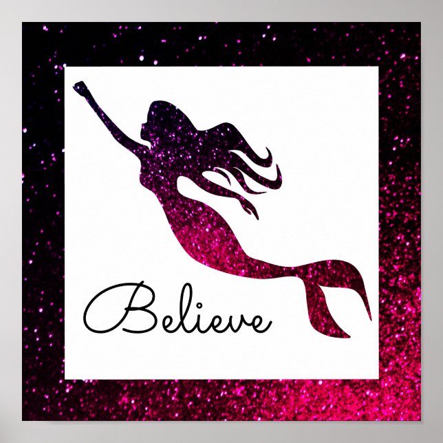 Trendy Pink & Purple Mermaid Silhouette | Believe Poster (Front)