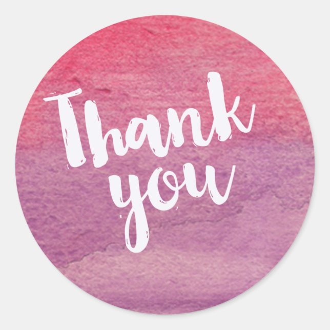 Trendy Pink Purple Watercolor Thank You Classic Round Sticker (Front)