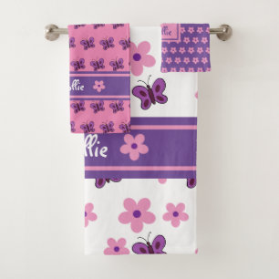 Trendy Pink Purple White Flowers Butterflies Kid's Bath Towel Set