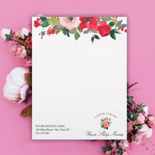 Trendy pink & red floral, business name & logo custom letterhead