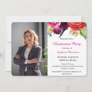 Trendy Pink Red Floral Photo Graduation Holiday Card
