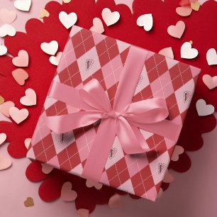 Trendy Pink Red Large Argyle Hearts Pattern Kids Wrapping Paper