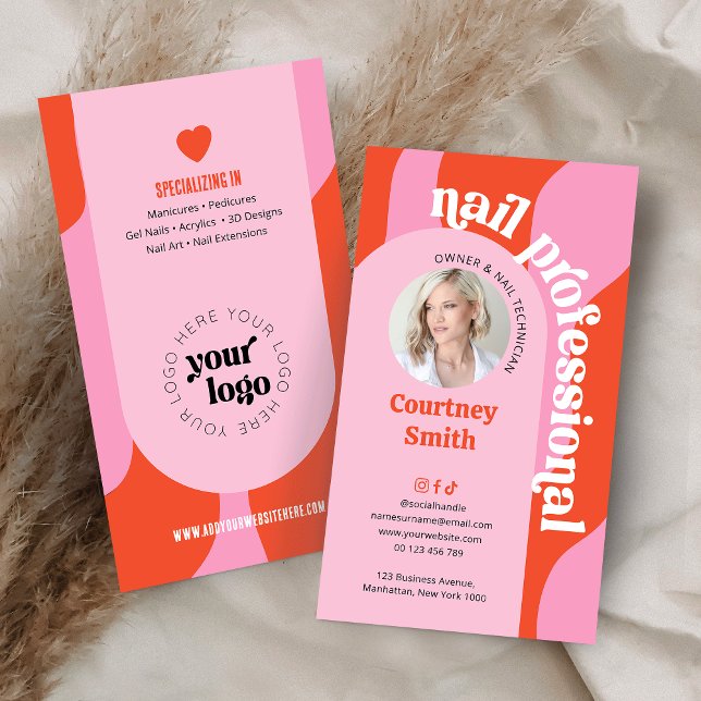 Trendy Pink & Red Retro Nail Artist Salon Photo Business Card (Trendy retro girly pink + red nail tech business cards with photo)