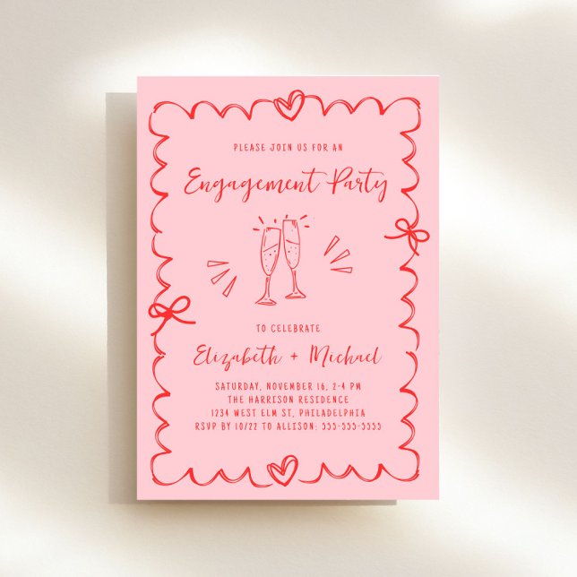 Trendy Pink Red Wavy Frame Engagement Party Invitation (Whimsical pink + red engagement party invitation to set the tone for an unforgettable event)