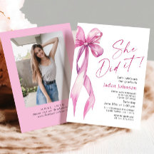 Trendy Pink Rose Bow Ribbon PHOTO Graduation Party