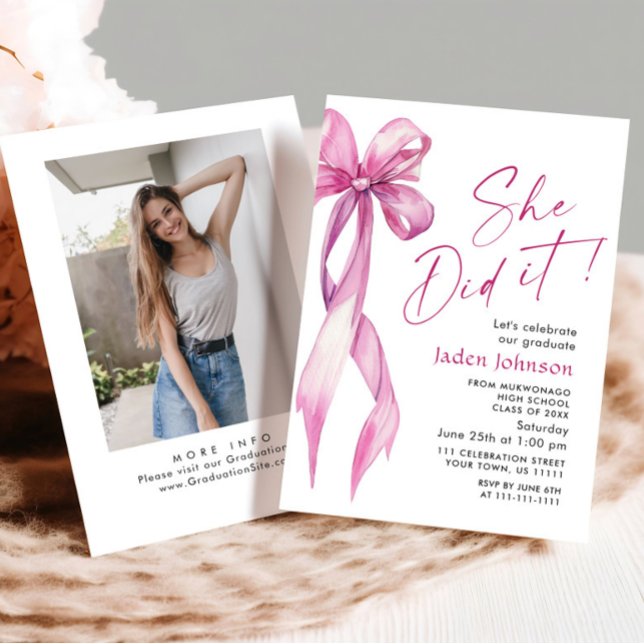 Trendy Pink Rose Bow Ribbon PHOTO Graduation Party Invitation (Creator Uploaded)