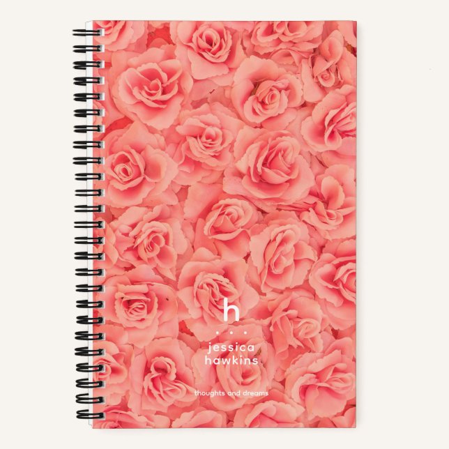 Trendy Pink Rose Bundle Modern Monogram Notebook (Front)