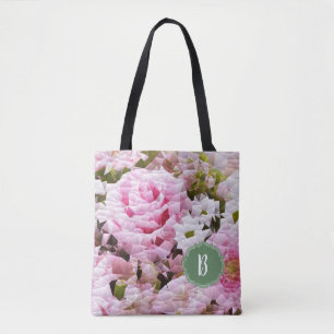 Trendy Pink Rose Floral Monogram Design Tote Bag