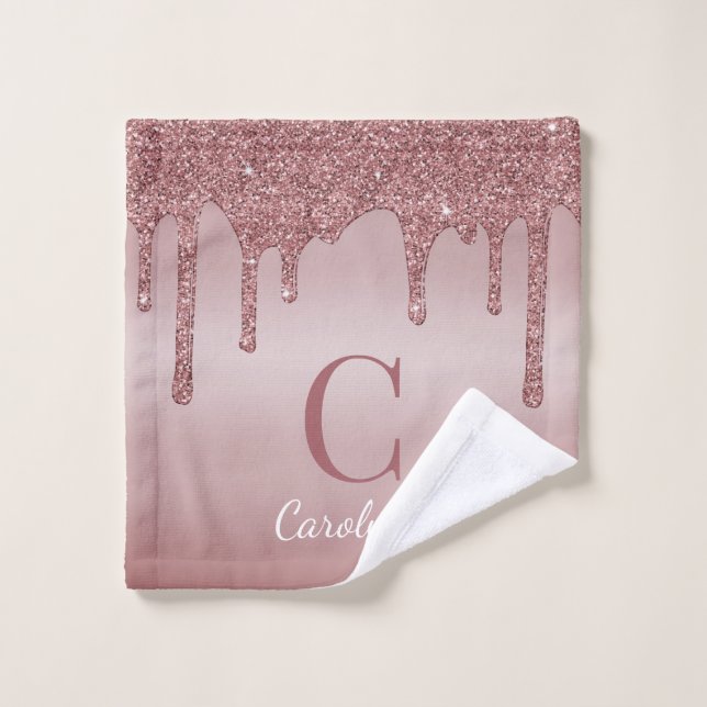 Trendy Pink Rose Gold Glitter Sparkle Drips Bath Towel Set (Wash Cloth)