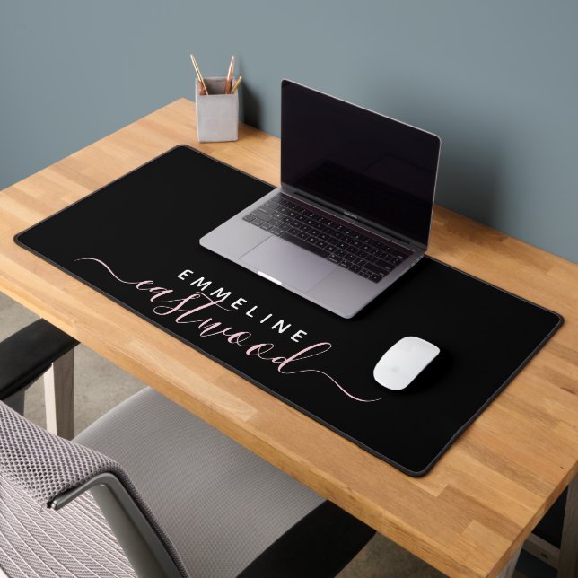 Trendy Pink Script Monogram On Black Desk Mat (Office 2)