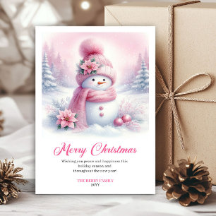 Trendy Pink Snowman Digital Christmas Scene Cards