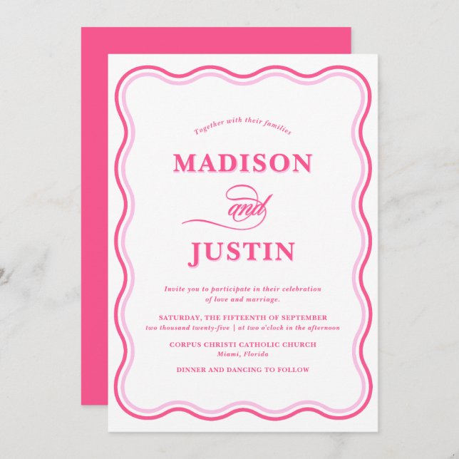 Trendy Pink Squiggle Curves Wavy Wedding Invitation (Front/Back)