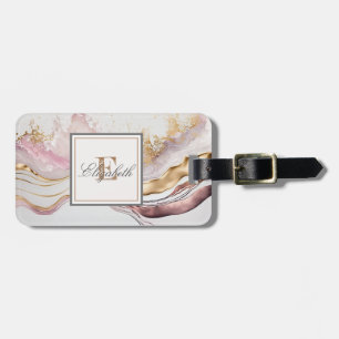 Trendy Pink Stone Marble Texture, Monogram Luggage Tag