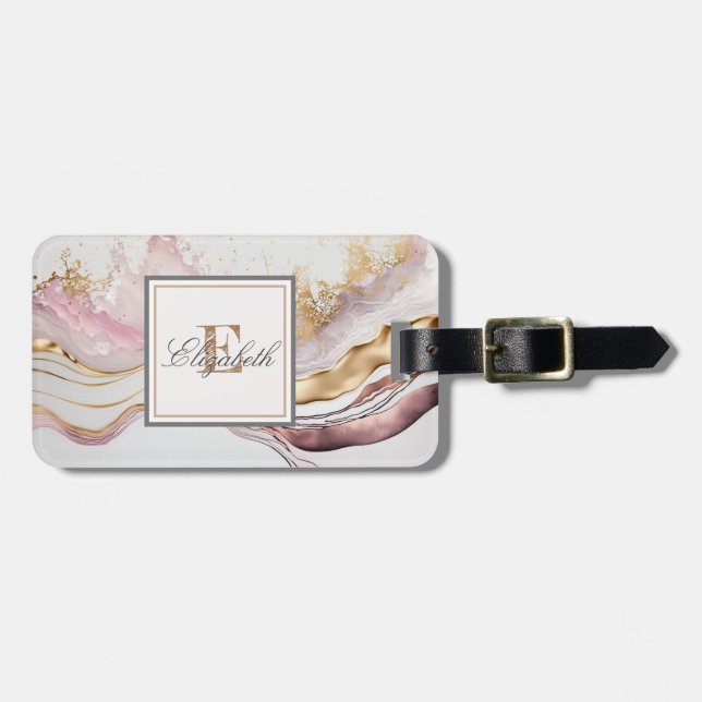 Trendy Pink Stone Marble Texture, Monogram Luggage Tag (Front Horizontal)