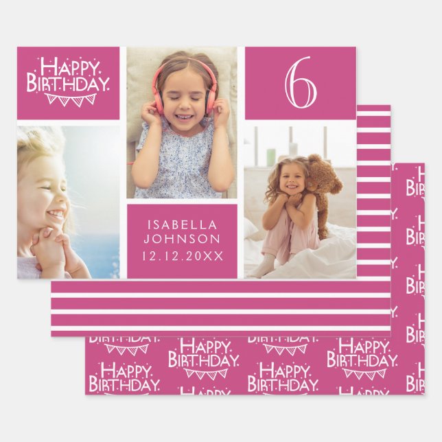 Trendy Pink Stripe Photo Collage Happy Birthday Wrapping Paper Sheet (Set)