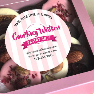 Trendy Pink Stripes Cake Bakery Pastry Chef Classic Round Sticker