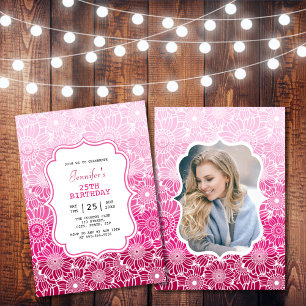 Trendy Pink Stripes Floral Photo Birthday Invitation