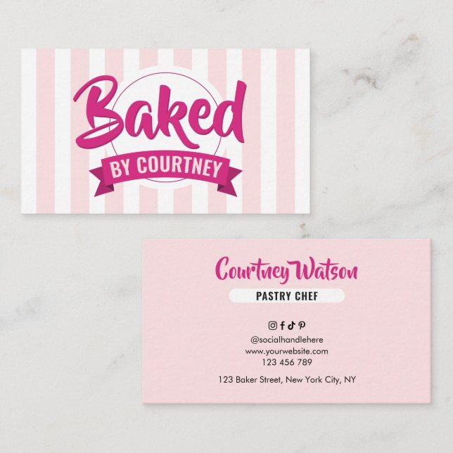 Trendy Pink Stripes Girly Bakery Chef Caterer Business Card (Front/Back)