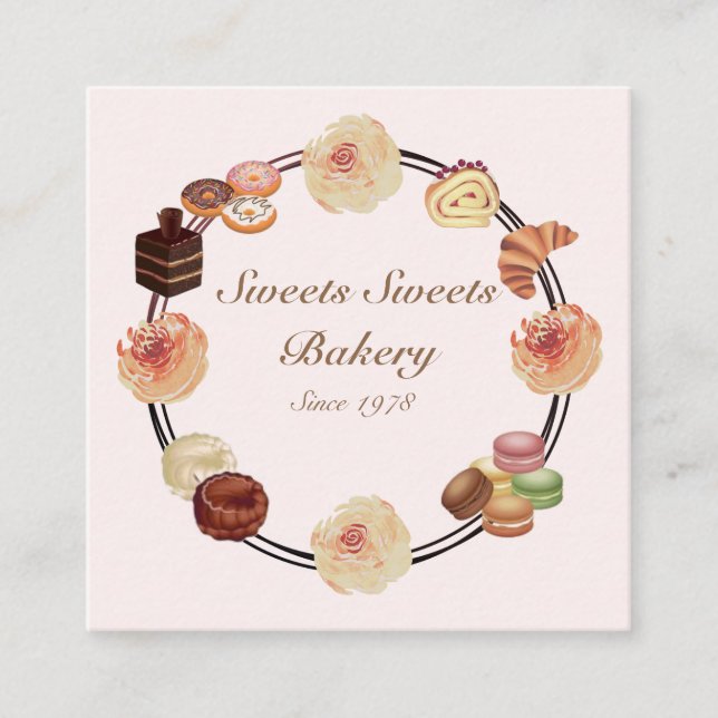 Trendy Pink Sweets Bakery Square Business Card (Front)
