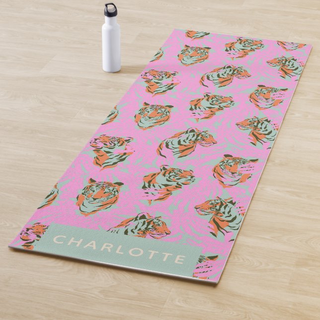 Trendy Pink Tiger Jungle Retro Personalized Name Yoga Mat (In Situ)