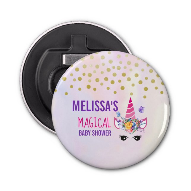 Trendy Pink Unicorn Confetti & Flowers Baby Shower Bottle Opener (Front)