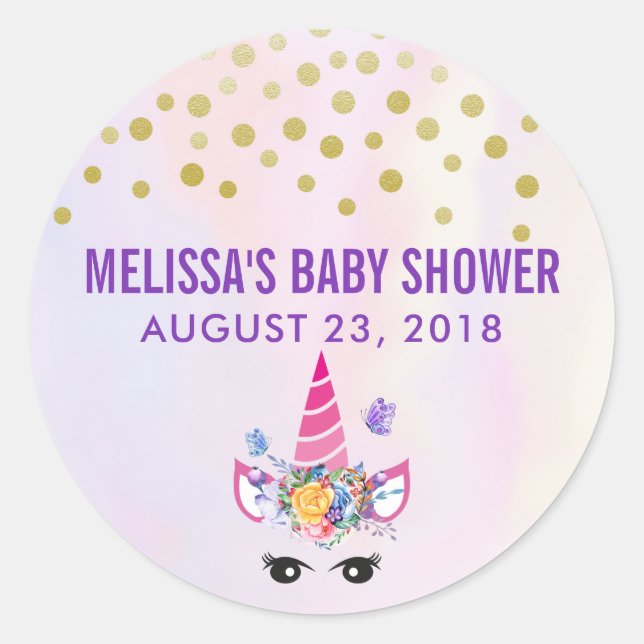 Trendy Pink Unicorn Confetti & Flowers Baby Shower Classic Round Sticker (Front)