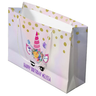 Trendy Pink Unicorn Confetti & Flowers Birthday Large Gift Bag