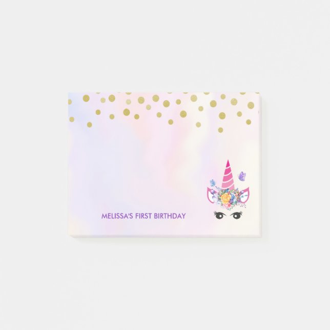 Trendy Pink Unicorn Confetti & Flowers Birthday Post-it Notes (Front)