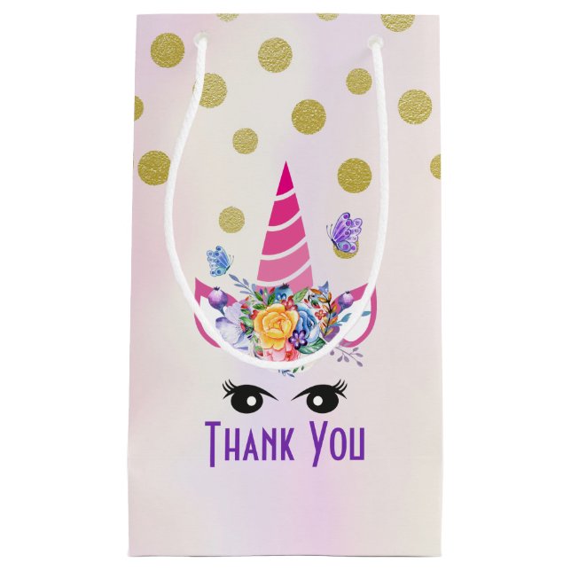 Trendy Pink Unicorn Confetti & Flowers Thank You Small Gift Bag (Front)