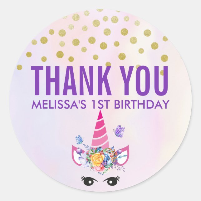 Trendy Pink Unicorn with Flowers Birthday Classic Round Sticker (Front)