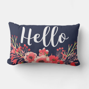 Trendy Pink Watercolor Flowers Hello Script Lumbar Cushion
