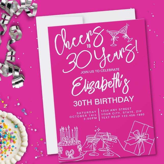 Trendy Pink Whimsical Hand Drawn 30th Birthday Invitation (Creator Uploaded)
