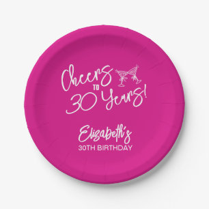 Trendy Pink Whimsical Hand Drawn 30th Birthday Paper Plate