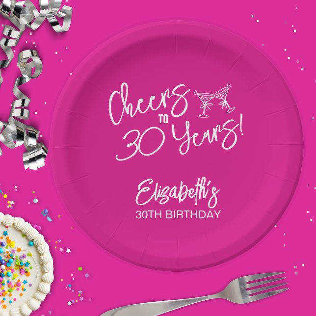 Trendy Pink Whimsical Hand Drawn 30th Birthday Paper Plate (Creator Uploaded)